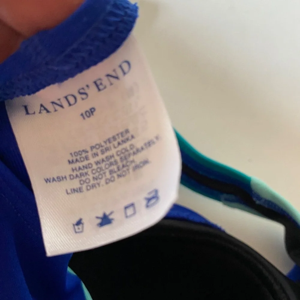 Lands End Womens Blue Colorblock One Piece Swimsuit Crisscross Back 10P Petite